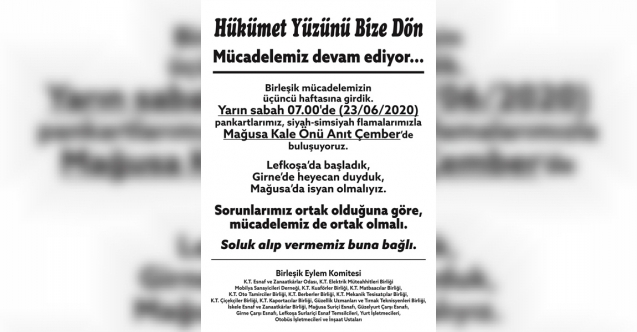 Birleşik Eylem Komitesi yarın Gazimağusa’da eylem yapacak