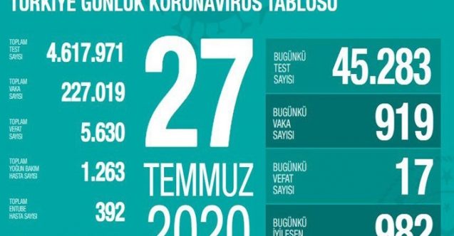 Türkiye’de son 24 saatte 919 yeni vaka tespit edildi, 17 kişi yaşamını yitirdi